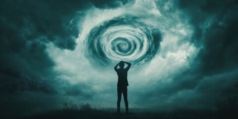Silhouette of a person holding their head, standing under a swirling vortex of dark clouds, symbolizing anxious thoughts