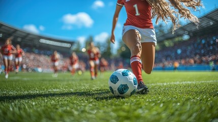 A female soccer player in action during a match on a sunny day, focusing on the moment of kicking the ball on a vibrant green field