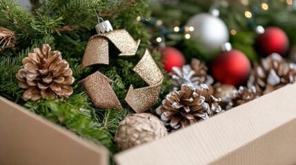 Elegant eco-friendly Christmas decor featuring a cardboard recycle symbol, pine cones, and festive greenery. Perfect for sustainable holiday marketing