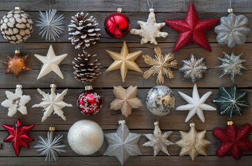 Fototapeta premium Various Christmas ornaments, including stars, pine cones, and baubles, arranged on a wooden background