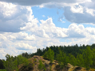 banks of the summer river are overgrown with trees