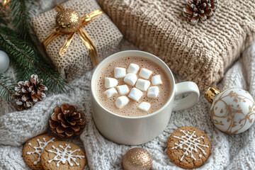 Holiday Comforts: Flat Lay of Hot Chocolate, Cookies, and Ornaments on a Knitted Sweater Background
