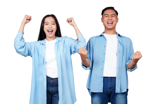 Happy Asian man and woman shouting open mouth isolated transparent