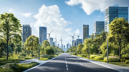 Obraz premium A photorealistic depiction of a futuristic city embracing sustainability, with tree-lined streets, energy-efficient buildings, and a skyline dotted with wind turbines