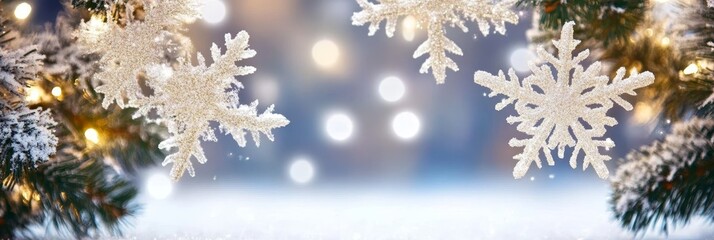 Sparkling Snowflakes and Bokeh Lights on a Christmas Tree Branch, Winter Holiday Background