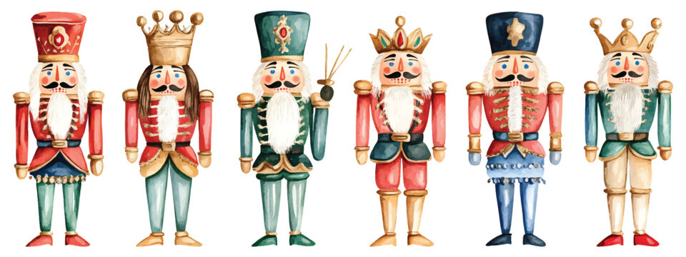 Set watercolor nutcracker figures doll toy isolated on transparent background