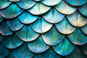 Obraz premium Iridescent fish scales with blue-green gradient, polished and shiny surface, intricate texture, close-up, high-detail lighting for vibrance 2
