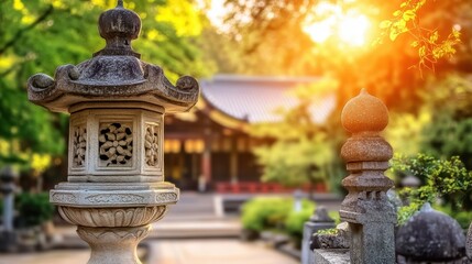Intricate carvings on a stone lantern bask in soft morning light outside a serene Japanese temple