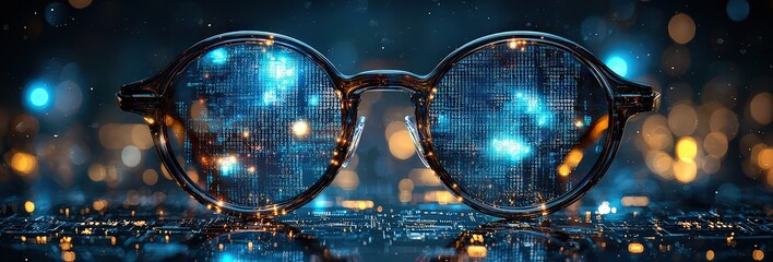 A pair of glasses with glowing data streams reflecting in the lenses, placed on top of an abstract digital background filled with code and numbers. 