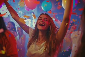 Obraz premium Excited teens dancing and tossing confetti during a birthday celebration, vibrant colors in room filled with streamers and balloons, bright lighting, close-up 3