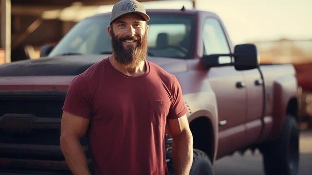 Confident mechanic smiling by truck at repair shop, showing skills in auto industry. Sunset backdrop adds rugged american spirit. Successful small business owner in transportation