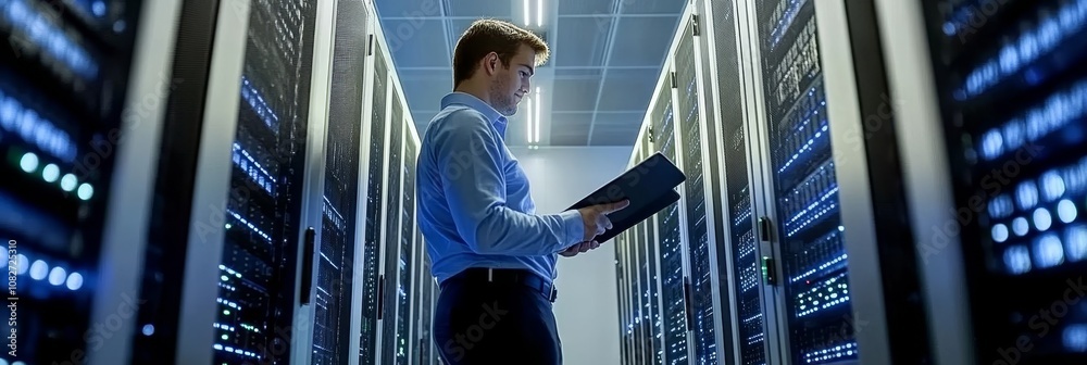 Poster it professional with digital tablet analyzes server performance and data integrity in a data center