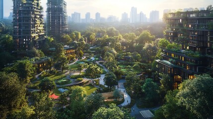 A green urban cityscape designed with eco-friendly infrastructure, solar energy solutions, and advanced urban planning for sustainability, ultra-realistic rendering