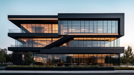 Fototapeta premium Modern multi-story building with large glass windows and illuminated interior, featuring a clean architectural design with sharp lines and a black facade, surrounded by trees.