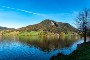 Hiking trail around Lake Schliersee in the bavarian alps at Schliersee, Upper Bavaria, Germany