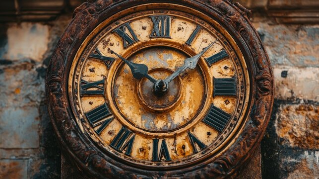 The clock face has vintage Roman numerals and rusted hands, showcasing its weathered look