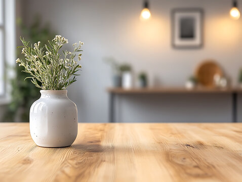 A wood table with a vese of flowers of the corner background good for deck presentation