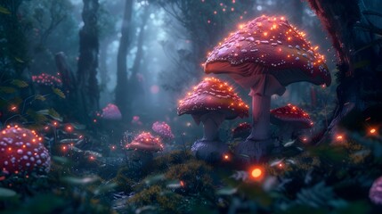 A path that leads to a separate world in the depths of the forest. Wonderful environment for fairy tale illustrations and even wallpaper.Magic fairytale forest with fireflies lights.AI generated