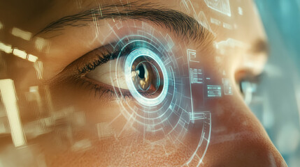 The face and the eye of an adult female closeup with a futuristic circular iris scanner. The concept of modern digital technology, biometrics, big data, internet of things. 