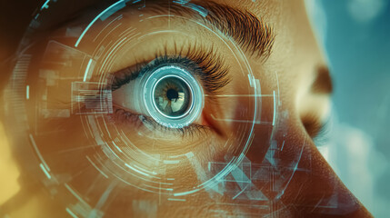 The face and the eye of a woman closeup with a futuristic circular iris scanner. The concept of modern digital technology, biometrics, big data, internet of things. 