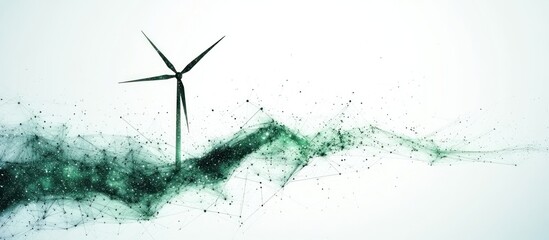 Wind turbine with green particles and white background.