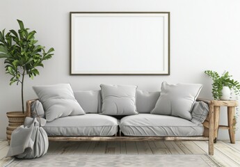 A living room with a grey sofa, a wooden coffee table, and a blank frame on the wall