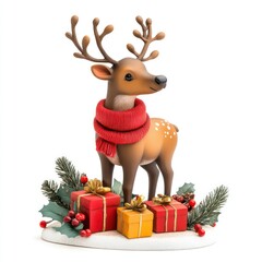 A realistic reindeer figurine with a festive red