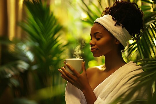 Black woman, young adult, wrapped in towel, drinking herbal tea in spa, surrounded by lush plants, soft lighting, warm green background, close-up on hands holding cup, tranquility 1