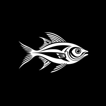 recommend clip art: Stylized black and white fish logo with intricate details and symmetrical design, perfect for branding or artistic projects
