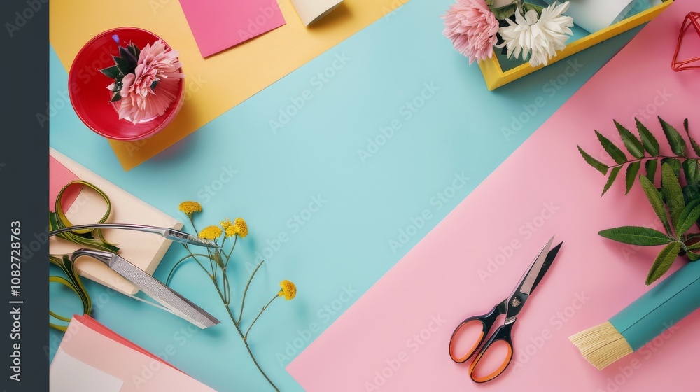Poster An elegant paper crafting setup in a cozy corner, Scissors and paper neatly placed, Artistic minimalist style