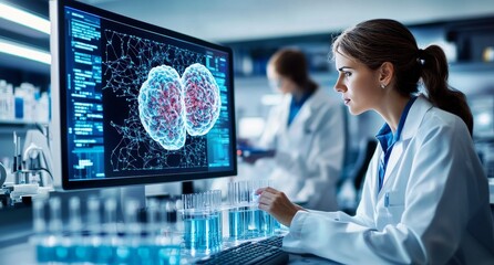 A female scientist analyzing brain data in a modern laboratory filled with advanced technology during a vibrant scientific research session