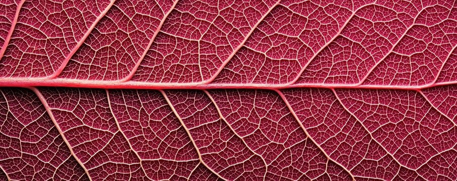 A close-up of a vibrant red leaf showcasing its intricate vein patterns and textured surface.