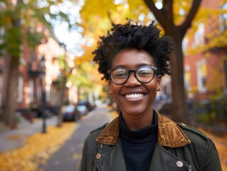 Woman with glasses and a black jacket is smiling