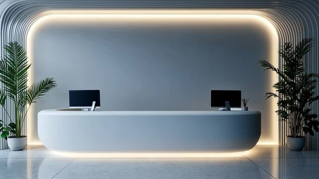A modern reception desk with sleek lines and a minimalist aesthetic, illuminated by soft, warm lighting