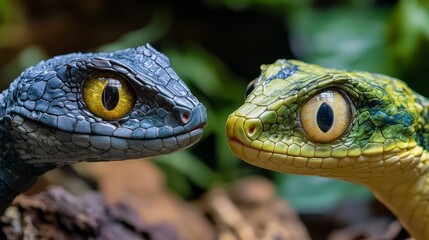 Obraz premium Two small lizards with bright yellow eyes facing each other, one is blue and the other is green.