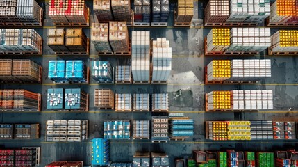 Pallets of goods organized in a grid pattern
