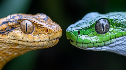Obraz premium Two snakes, one brown and one green, face each other with their eyes locked in a close-up portrait.