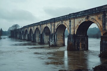 Fototapeta premium An old bridge submerged in floodwater, visible arches, murky water, overcast sky, historical site partially damaged, soft light adds sense of nostalgia and history, medium close-up 1