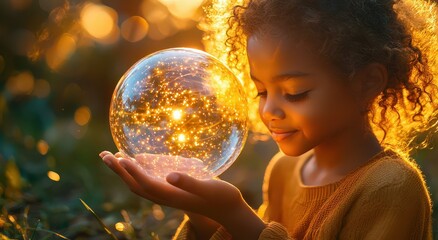 Naklejka premium young African girl holding hands and sharing an enchanted glass globe glowing with warm light, against the backdrop of a beautiful sunset in Africa