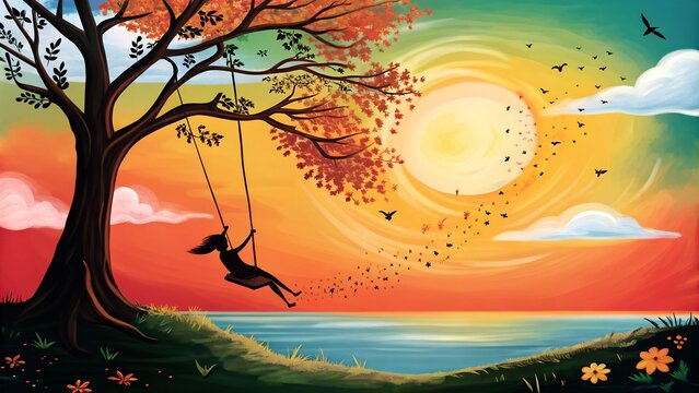 Colorful sunset landscape with a girl swinging under a tree by the sea