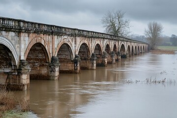 Naklejka premium An old bridge submerged in floodwater, visible arches, murky water, overcast sky, historical site partially damaged, soft light adds sense of nostalgia and history, medium close-up 4