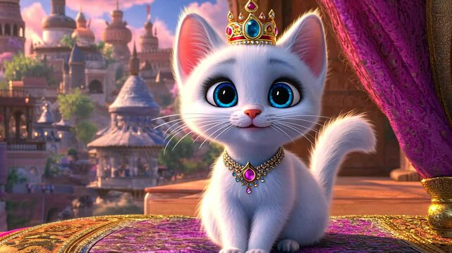 A white kitten sits on a colorful rug, wearing a gold crown and necklace, with a city in the background