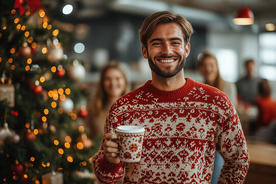 A cheerful office photo of a team celebrating in front of the Christmas tree, with employees in holiday sweaters, holding up their cups of hot drinks and toasting