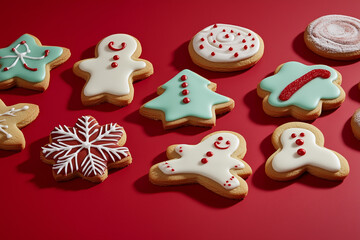Obraz premium Festive Red Background with a Spread of Gingerbread Cookies, Adorned with Decorative Icing, Bringing Joyful Holiday Cheer and Treats.