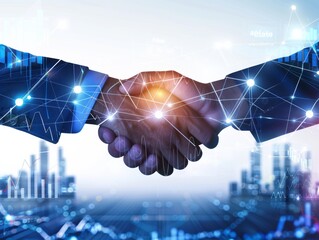 Handshake between two people is shown with a city in the background