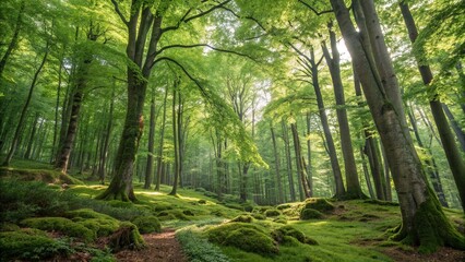 Lush green forest with tall trees and vibrant moss, creating a serene summer woods atmosphere