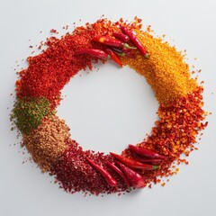 Naklejka premium A Beautifully Arranged Circle of Indian Chillies and Spices Showcasing Vibrant Colors and Textures in a Creative Culinary Display