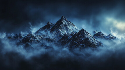 mountain peak shrouded in fog and white tiny clouds, Midnight at the Top of the Mountains with natural fog, A Captivating Landscape of Nature of mountain. mountain peak rises above with natural style.