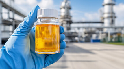 Hand Holding Sample Bottle of Yellow Liquid in Front of Industrial Plant
