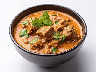 Close-Up of a Bowl of Spicy Indian Curry Garnished with Fresh Coriander, Displaying a Rich and Creamy Texture Perfect for Culinary Delight and Warm Meals